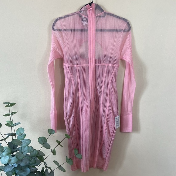 Herve Ledger Pink & Red Layered Sheer Ribbed Bandage Bodycon Tight Dress Small - Picture 8 of 9